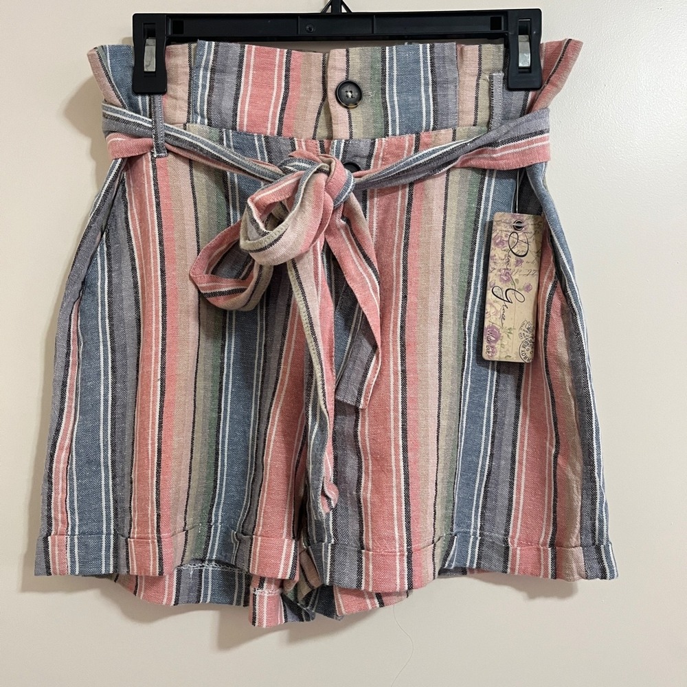 Womens Paperbag Waist Linen Blend Shorts Medium Striped Coastal Cottage Beach
